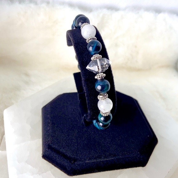 Genuine Herkimer diamond & blue tiger eye gemstones bead boho crystal bracelet - Picture 15 of 16